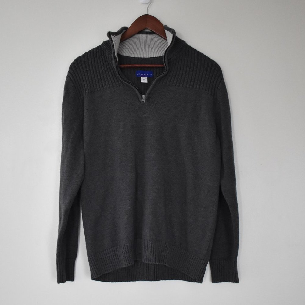 Quarter zip charcoal gray mockneck sweater w/ rib knit accents, Simply Styled